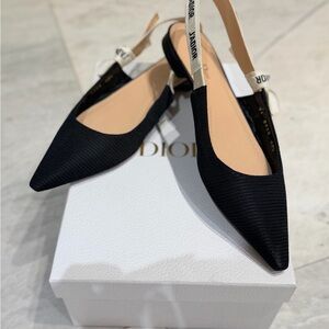 Dior Black Pointed Slingback Flats with J'Adior Ribbon
